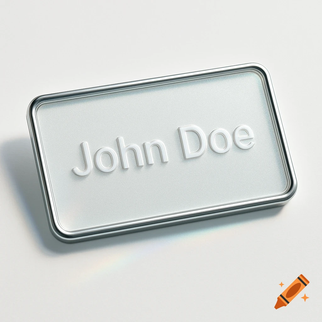 A silver name tag with the embossed name 'John Doe' on a white surface.