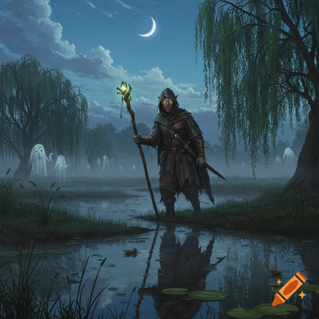 A warlock with glowing green eyes and a staff stands in a misty swamp at night, surrounded by floating white ghosts under a crescent moon.