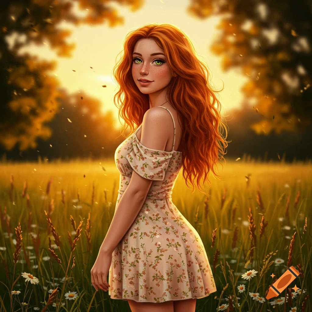A young woman with long wavy red hair and green eyes wears a sundress in a golden field at sunset, in an illustrative style.