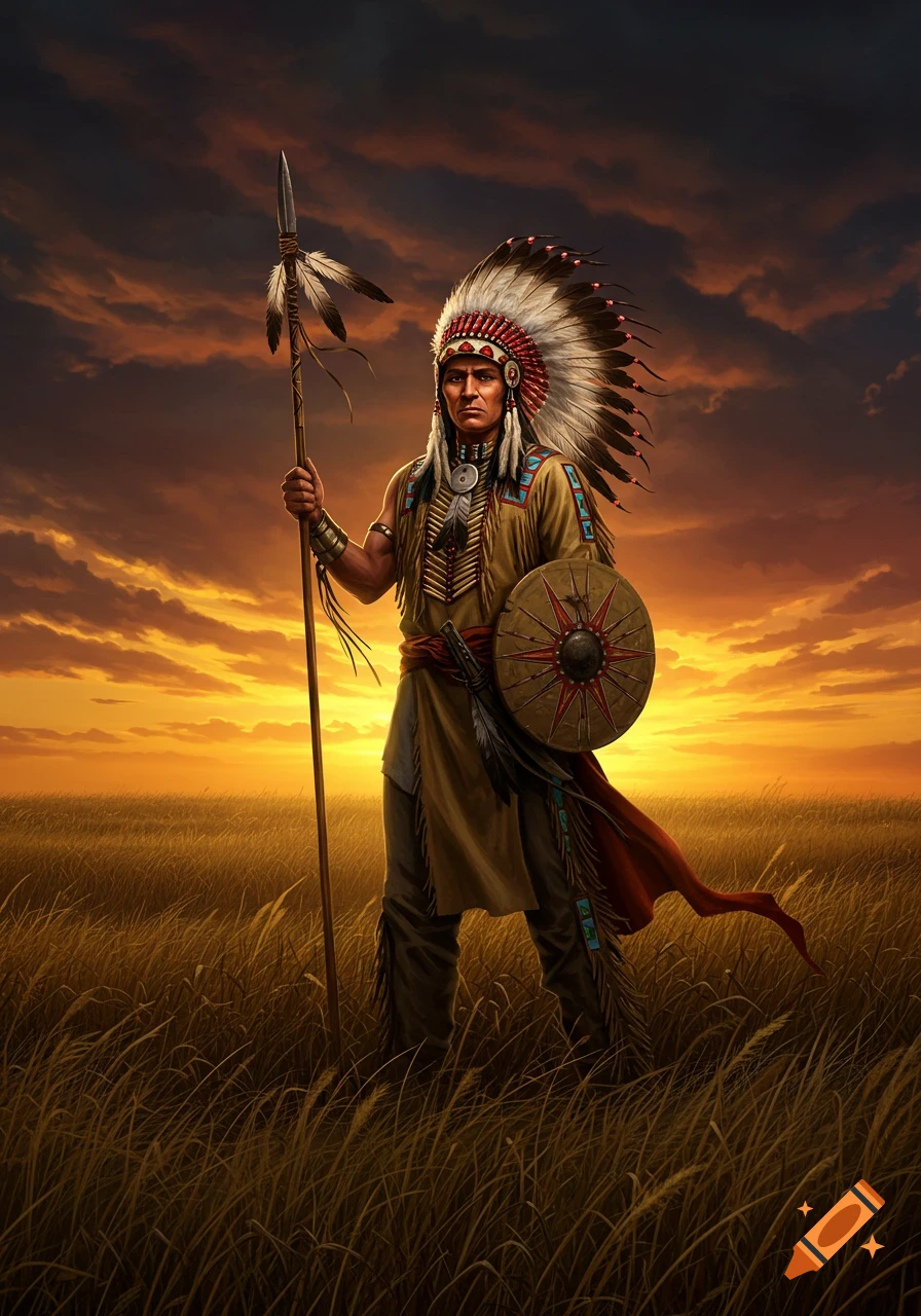 Digital art of an Indigenous man in a feather headdress holding a spear and shield in a field at sunset.