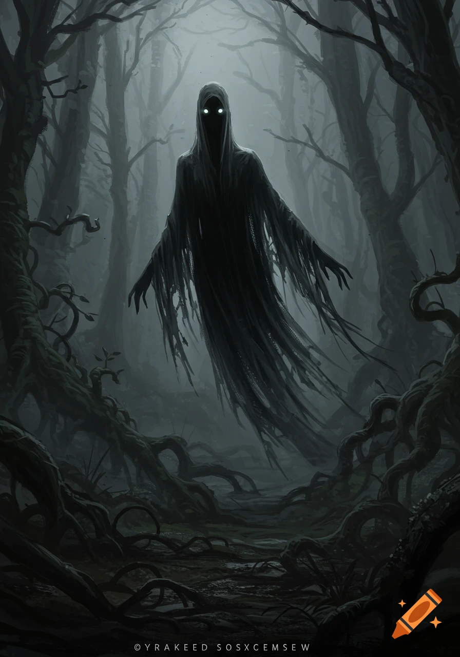 A spectral, hooded figure with glowing eyes floats in a dark, misty, gnarled forest, rendered in a fantasy art style.