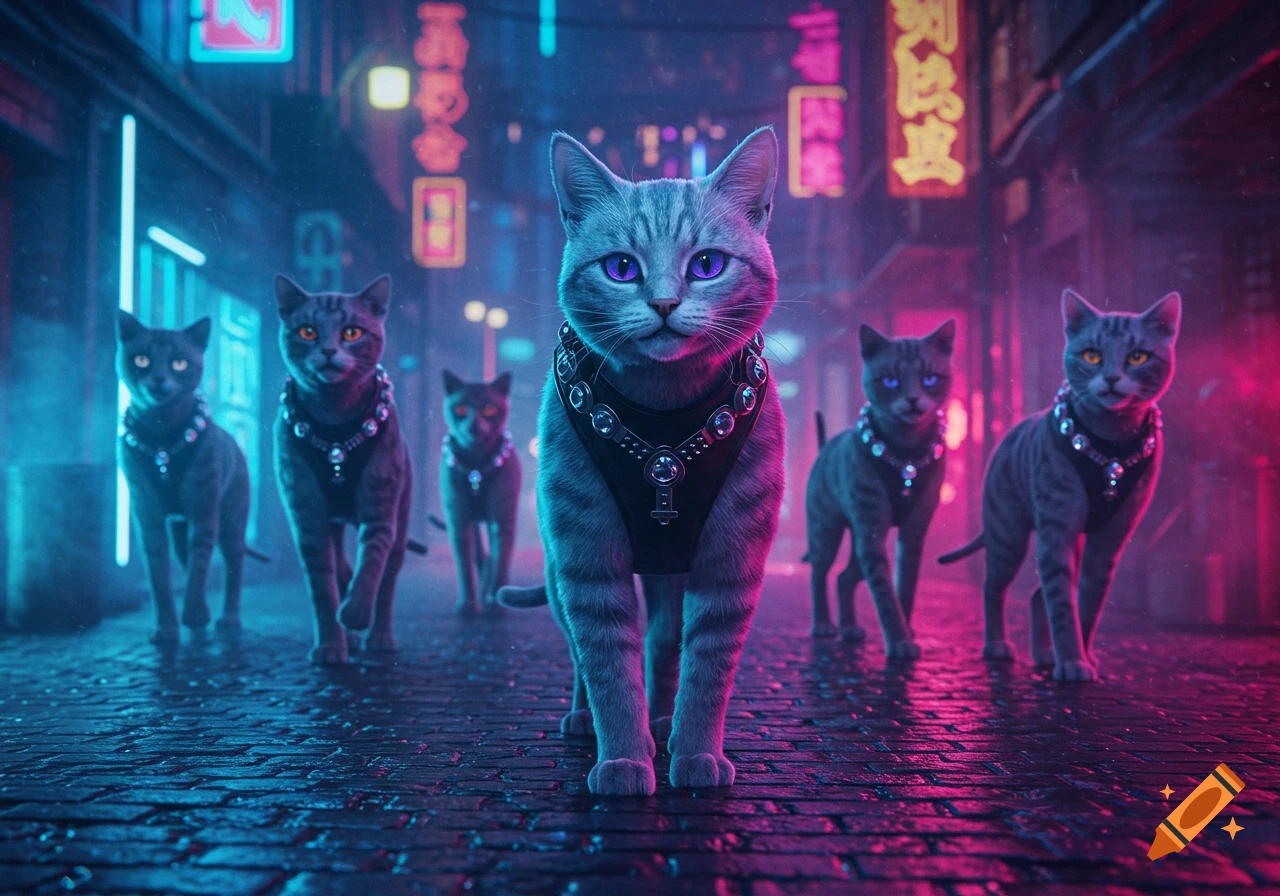 A group of stylish cats with glowing eyes and studded vests walk confidently down a neon-lit cyberpunk city street at night.