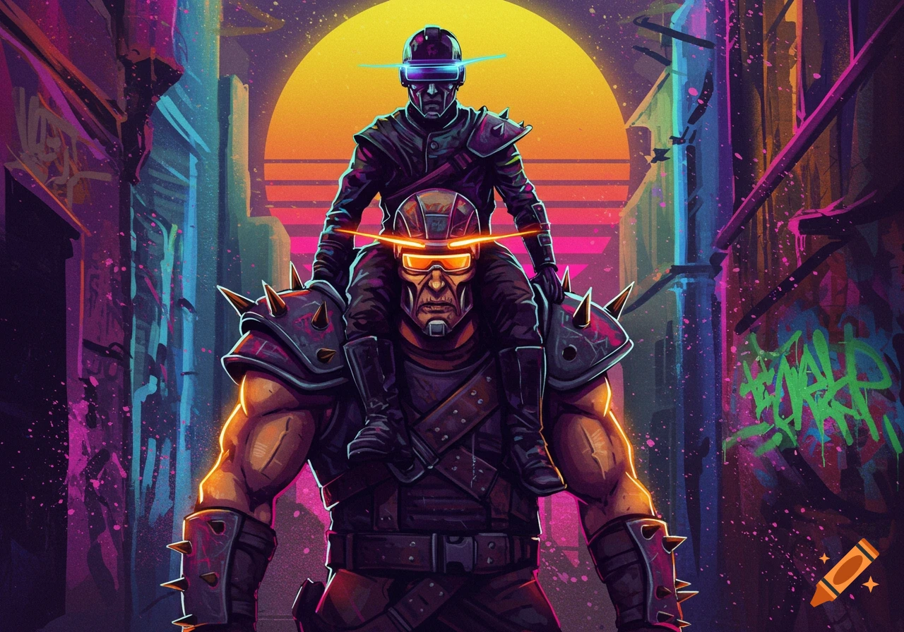 A retrowave-style illustration of an armored figure riding on the shoulders of a larger, muscular figure in a neon cyberpunk city at sunset.