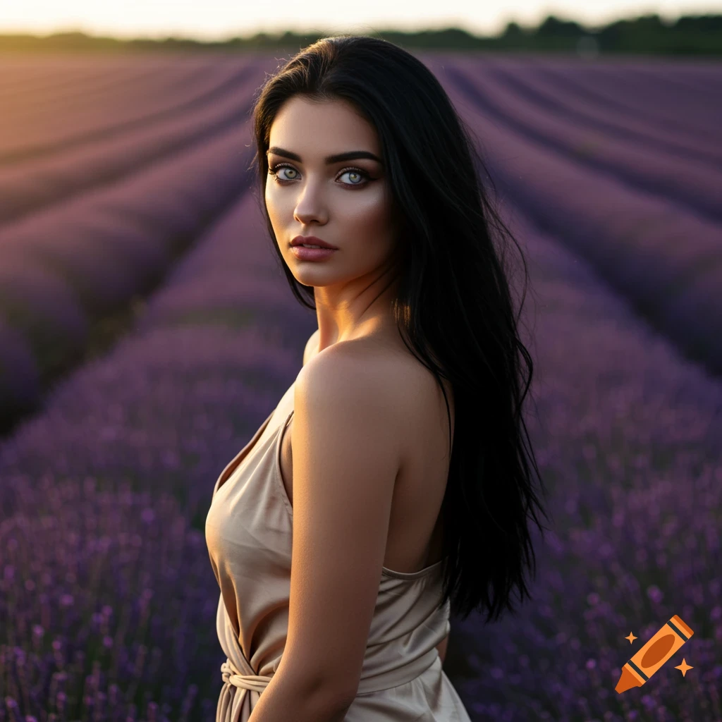 A photorealistic portrait of a woman with dark hair and light eyes looking over her shoulder, standing in a purple lavender field at sunset.