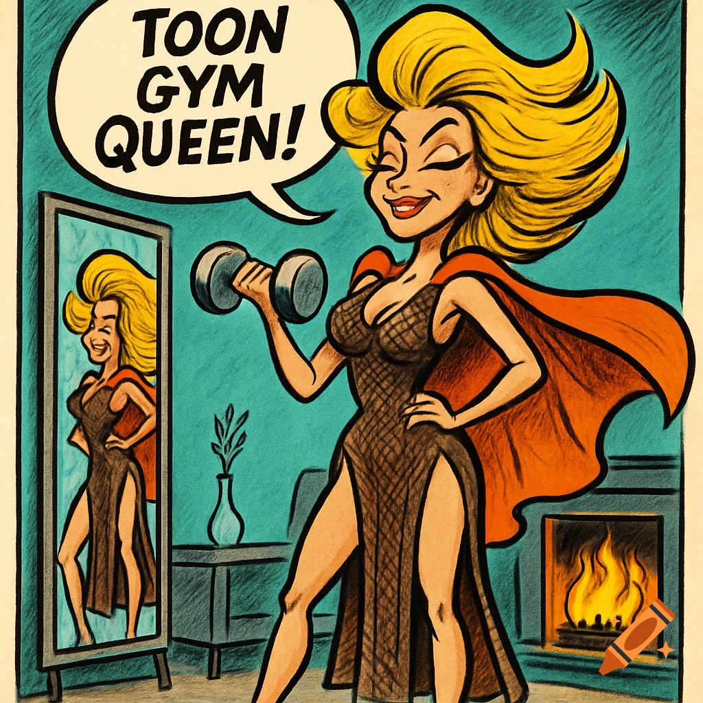 A cartoon woman with blonde hair, a sheer brown dress with high slits, and an orange cape poses with a dumbbell, in a room with a mirror and fireplace, with a speech bubble saying "Toon Gym Queen!".