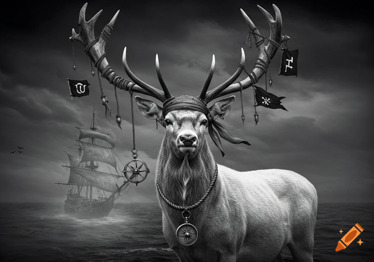 A monochromatic image of a white hart deer dressed as a pirate, standing in the ocean with a ship in the background.