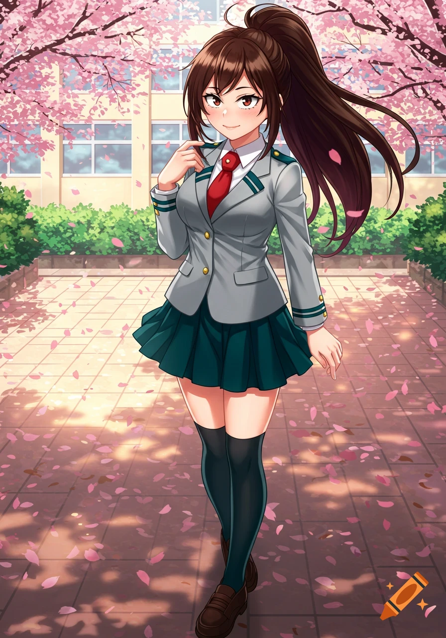An anime girl with dark brown hair in a ponytail wearing a school uniform stands under cherry blossom trees in front of a school building.