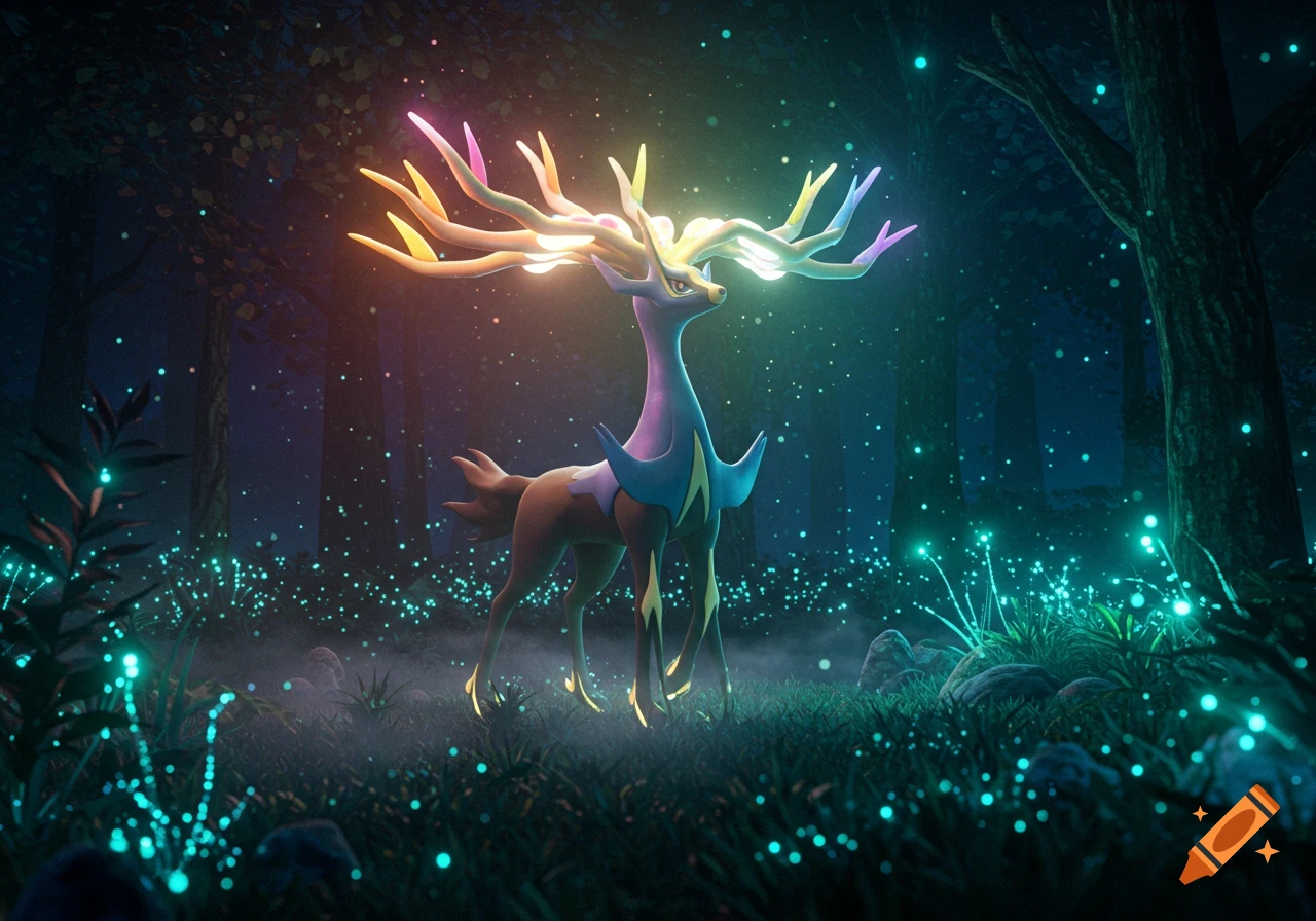 A majestic Xerneas with rainbow glowing antlers stands in an enchanted forest filled with sparkling particles and bioluminescent plants, rendered in a detailed fantasy art style.
