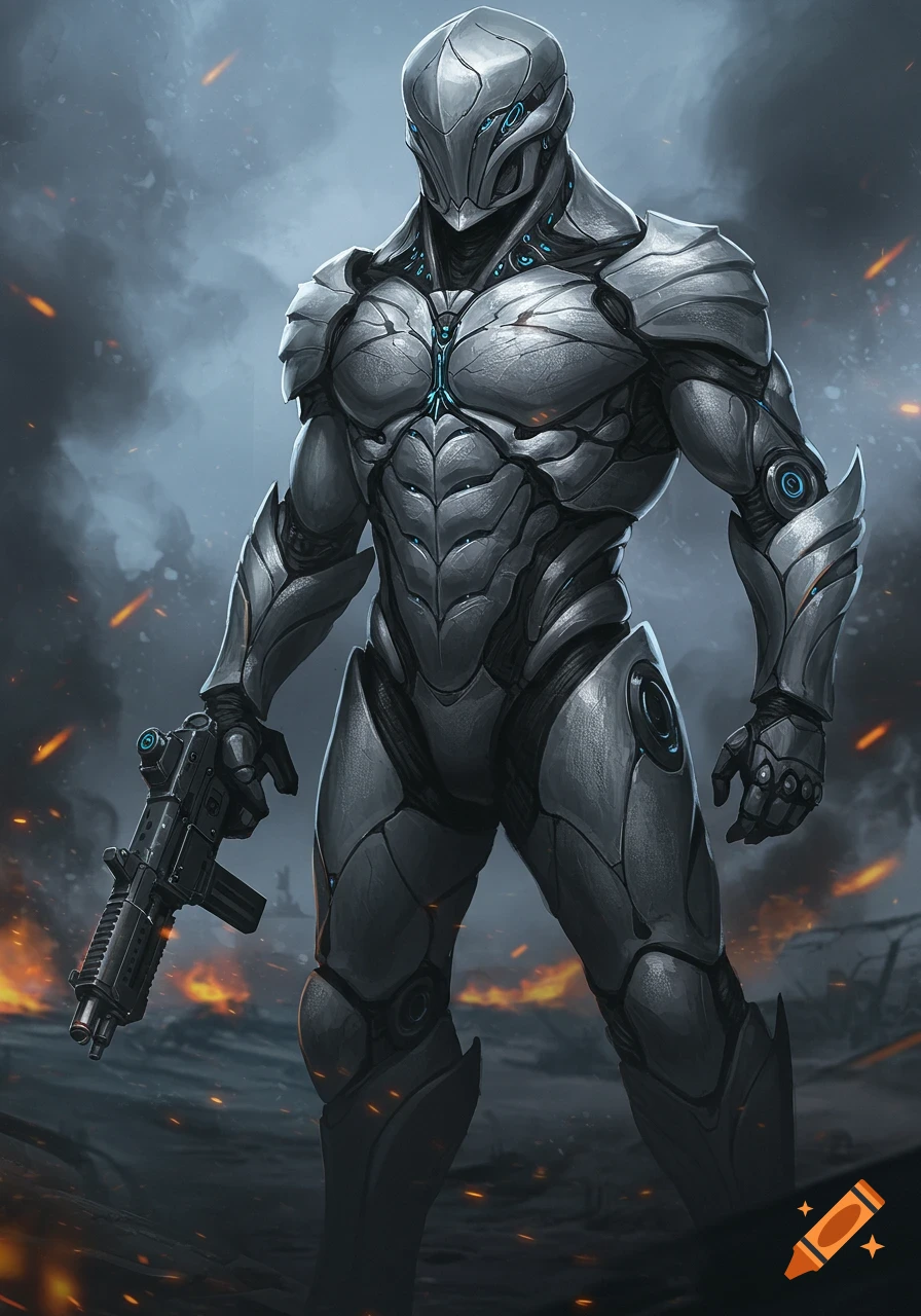 A futuristic robot soldier in grey carapace armor stands amidst smoke and fire, holding a rifle.