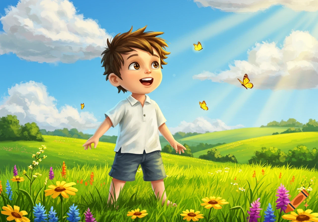 A happy cartoon boy stands in a vibrant green field of wildflowers, looking up at yellow butterflies in a sunny blue sky with clouds.