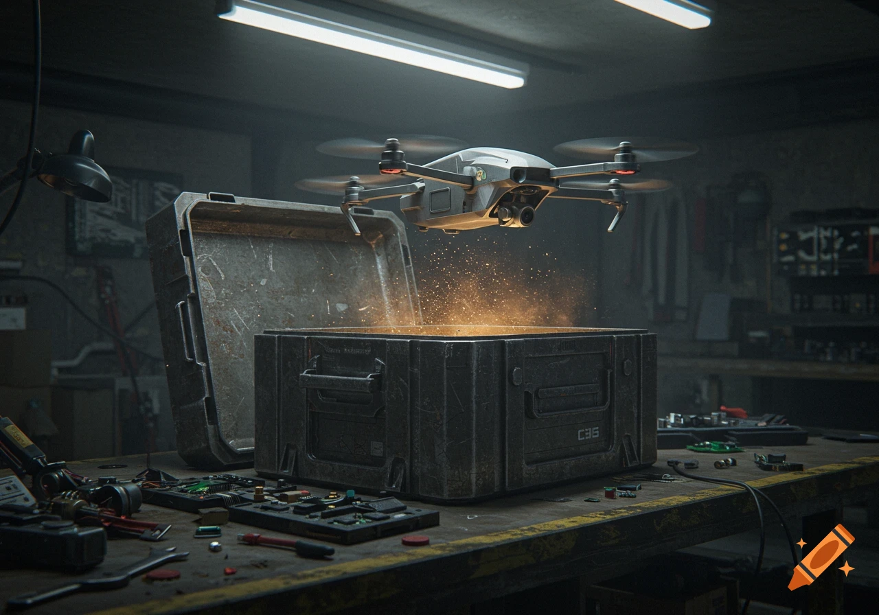 A drone lifts off from an open, glowing metal case in a cluttered, dimly lit workshop, photorealistic.