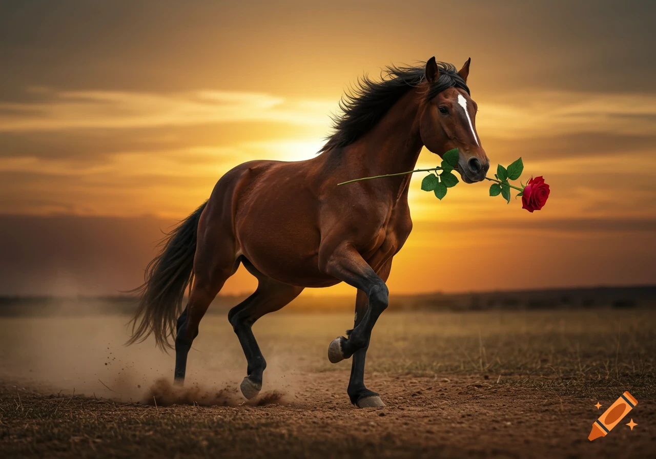 A brown horse with a white stripe on its face gallops through a field at sunset, holding a red rose in its mouth.