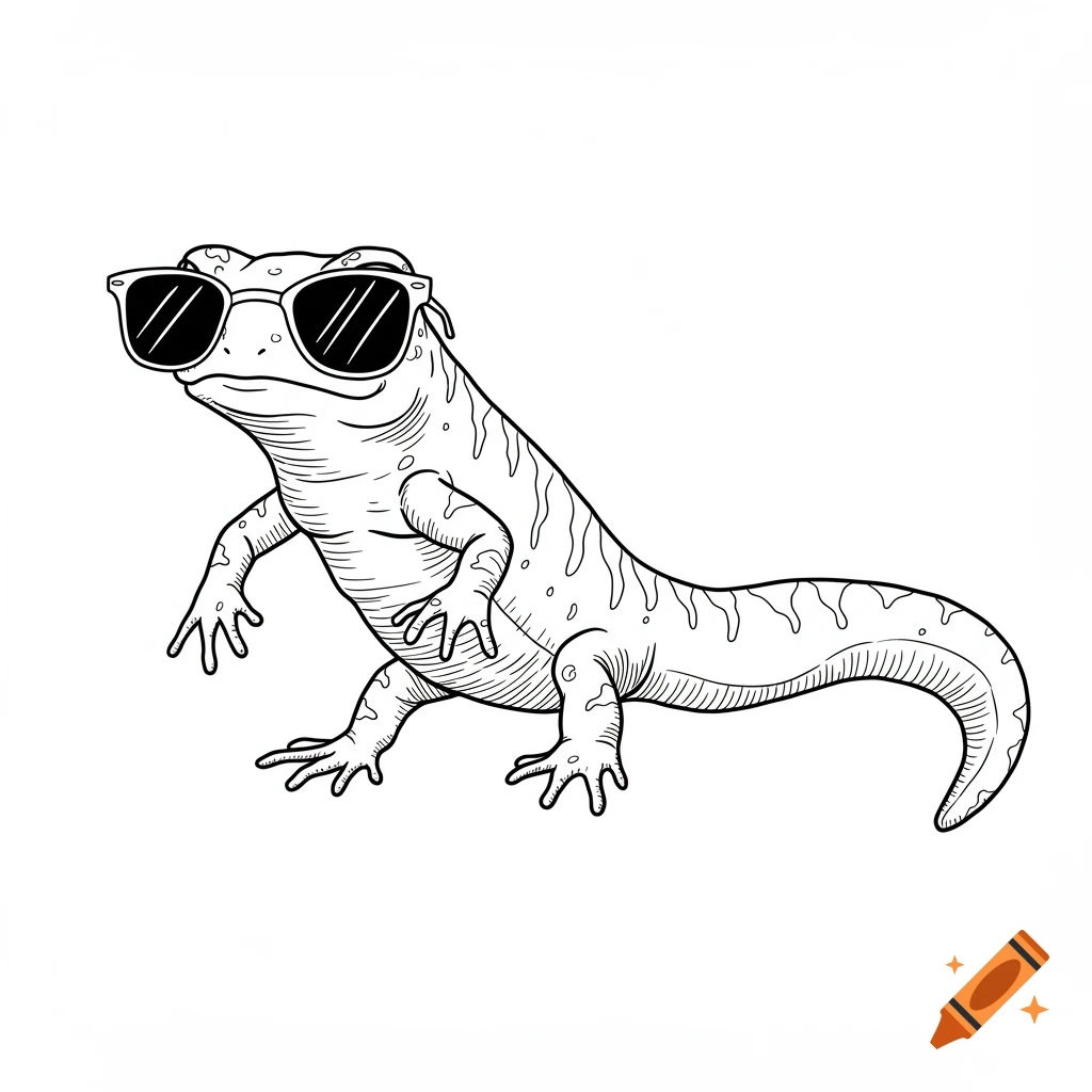A black and white line art drawing of a cool newt wearing sunglasses.