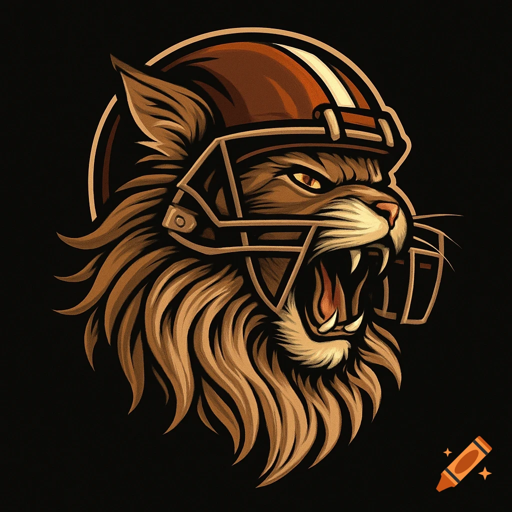 A stylized logo of an angry brown Maine Coon cat wearing a football helmet,  roaring with an open mouth and fangs. on Craiyon, image size:1024x1024