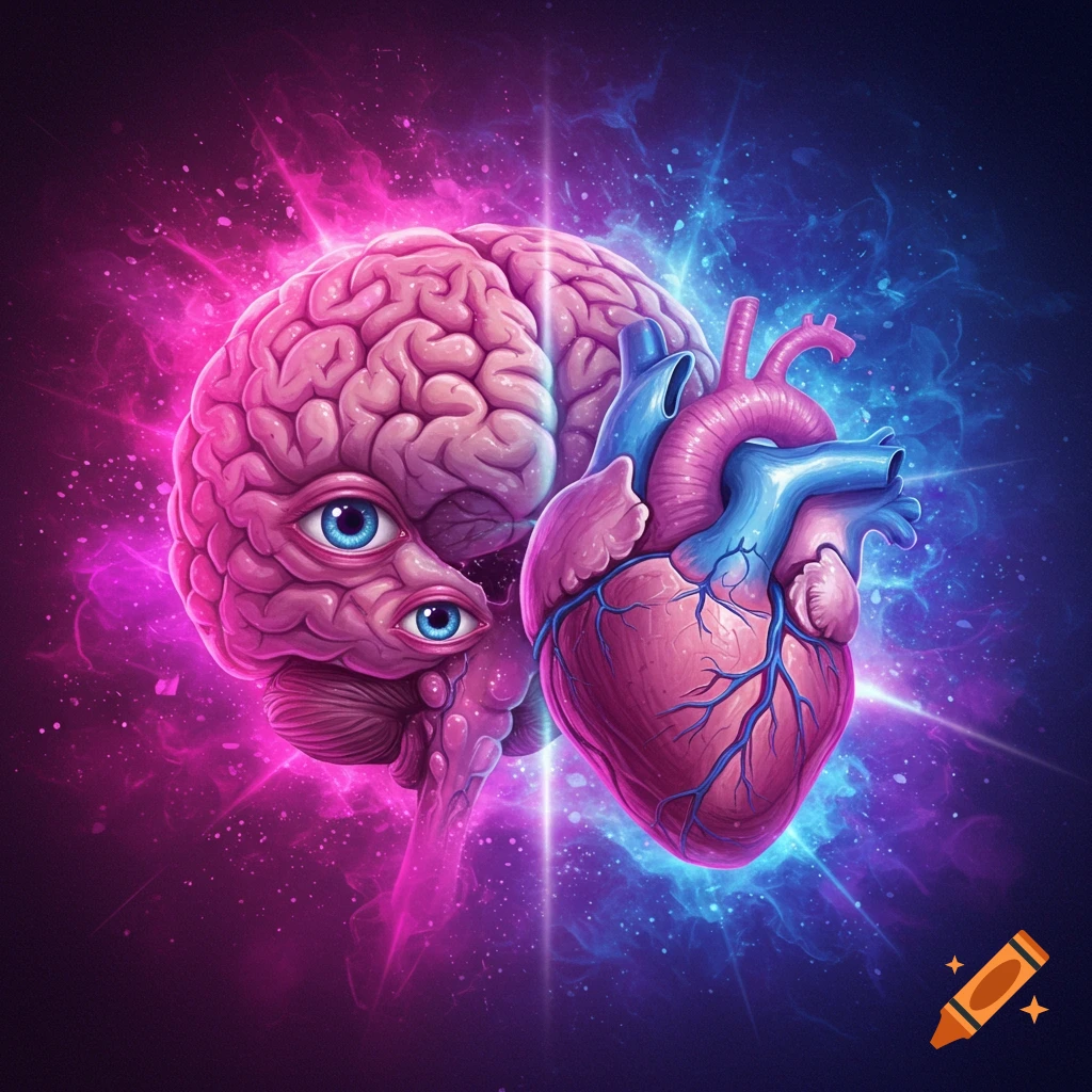 Vibrant, trippy painting of a pink brain with blue eyes next to a pink and blue heart against a cosmic background.