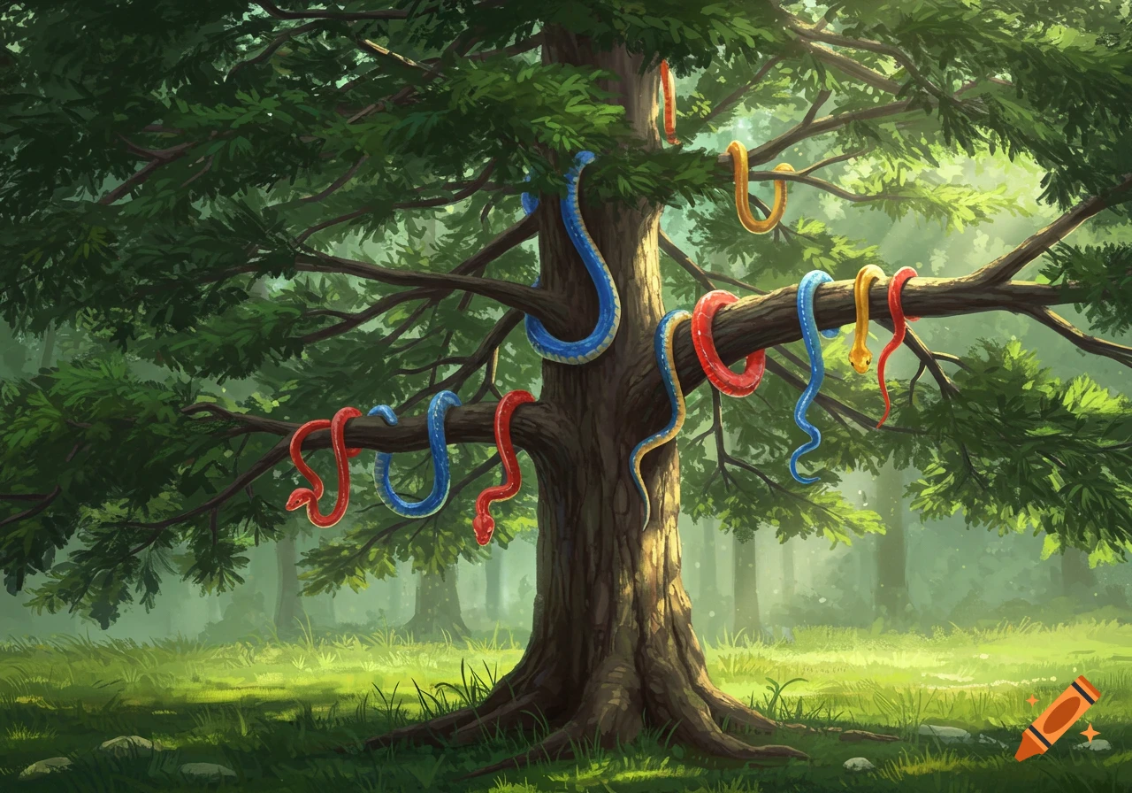 A digitally painted scene of a large pine tree in a sunlit forest, with red, blue, and yellow snakes draped over its branches.