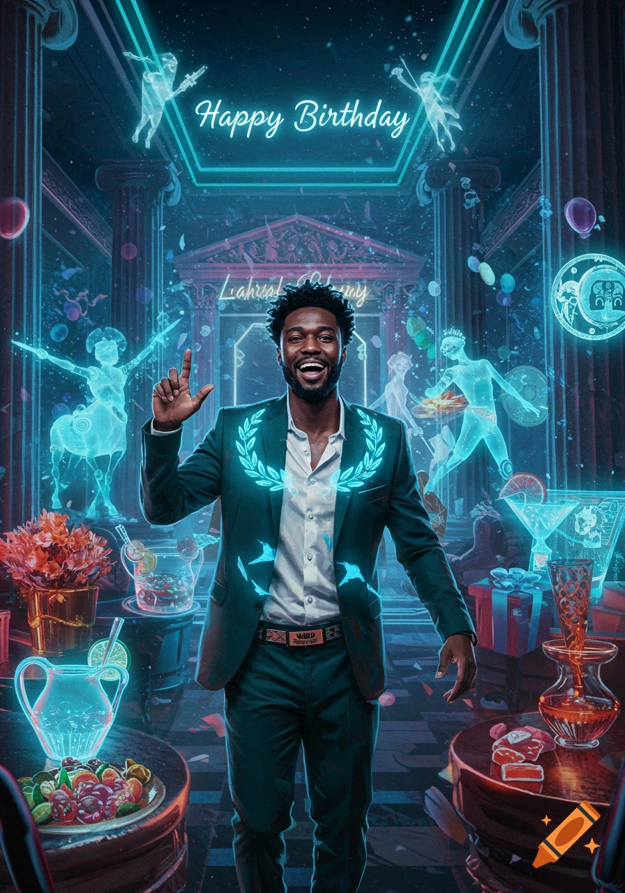 A smiling Black man in a suit with a glowing wreath celebrates his birthday in a vibrant cyberpunk setting with neon Greek statues and party items.