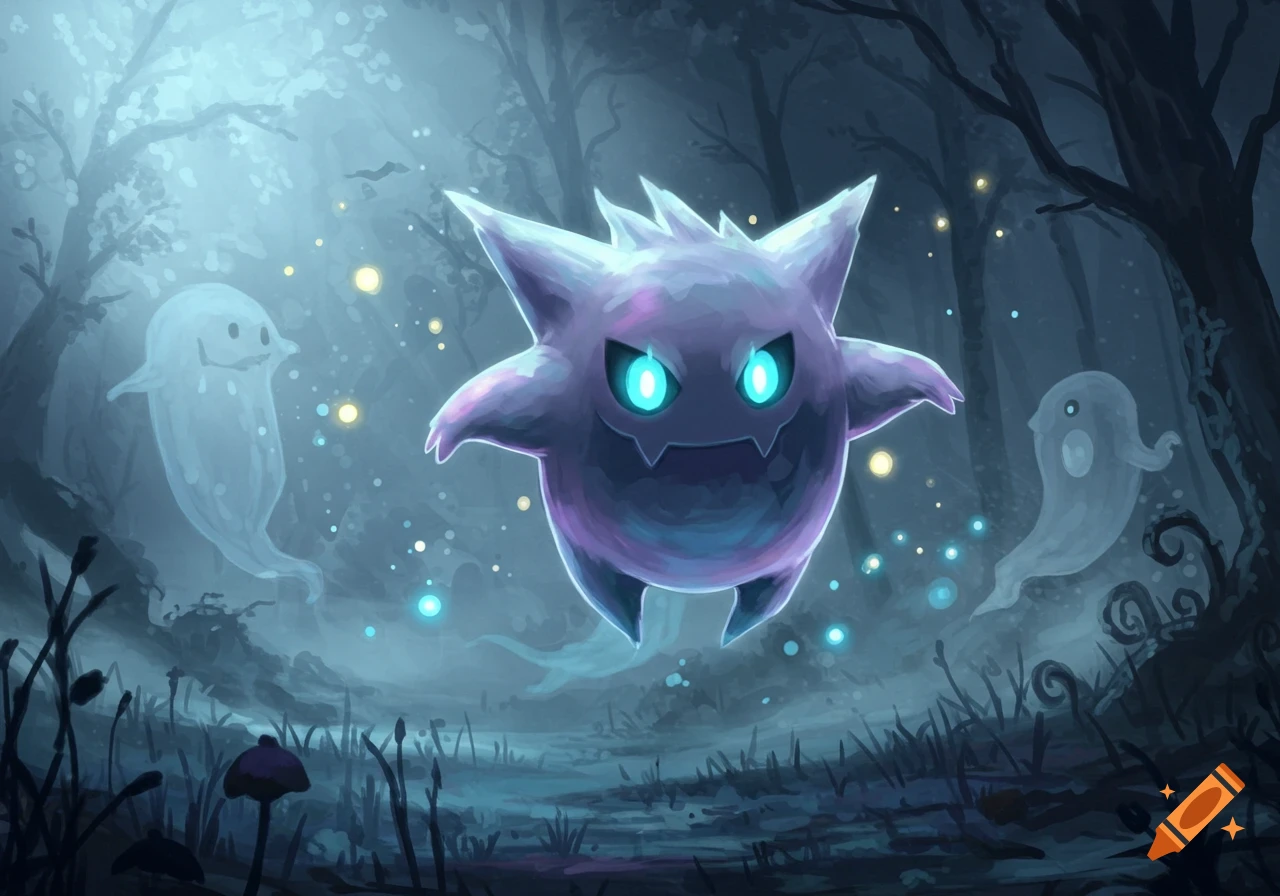 A purple Gengar with glowing blue eyes floats in a dark, misty forest with small white ghosts and sparkling lights, digital art.