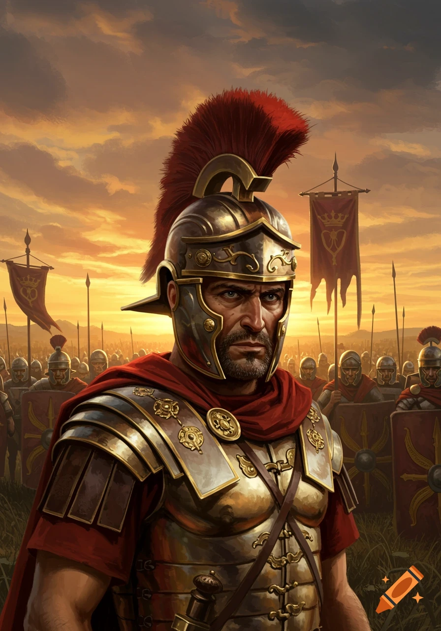 A powerful Roman general in ornate armor stands before his legion at sunset, digital painting.