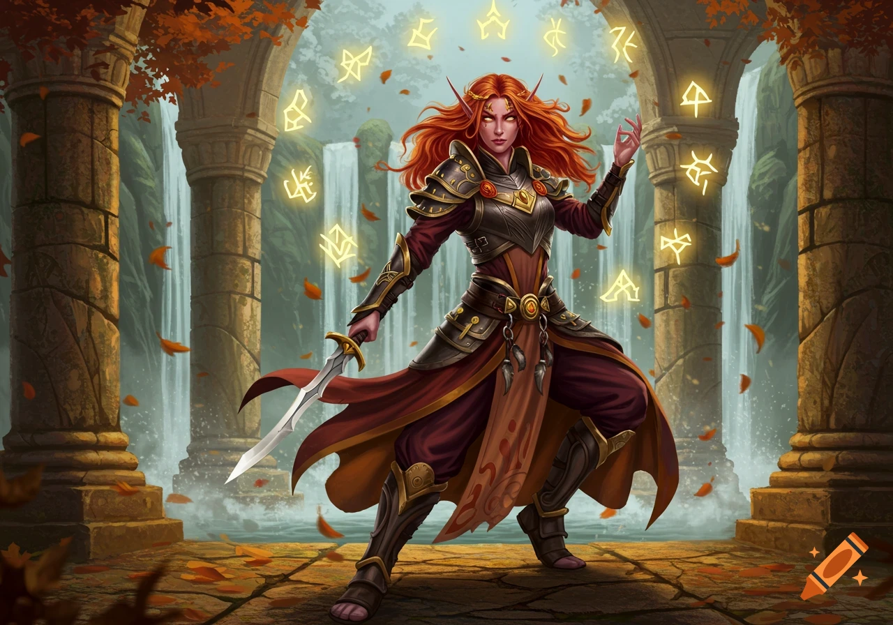 An elven warrior with red hair and glowing eyes stands in ancient ruins with waterfalls, holding a sword and surrounded by glowing magic runes.