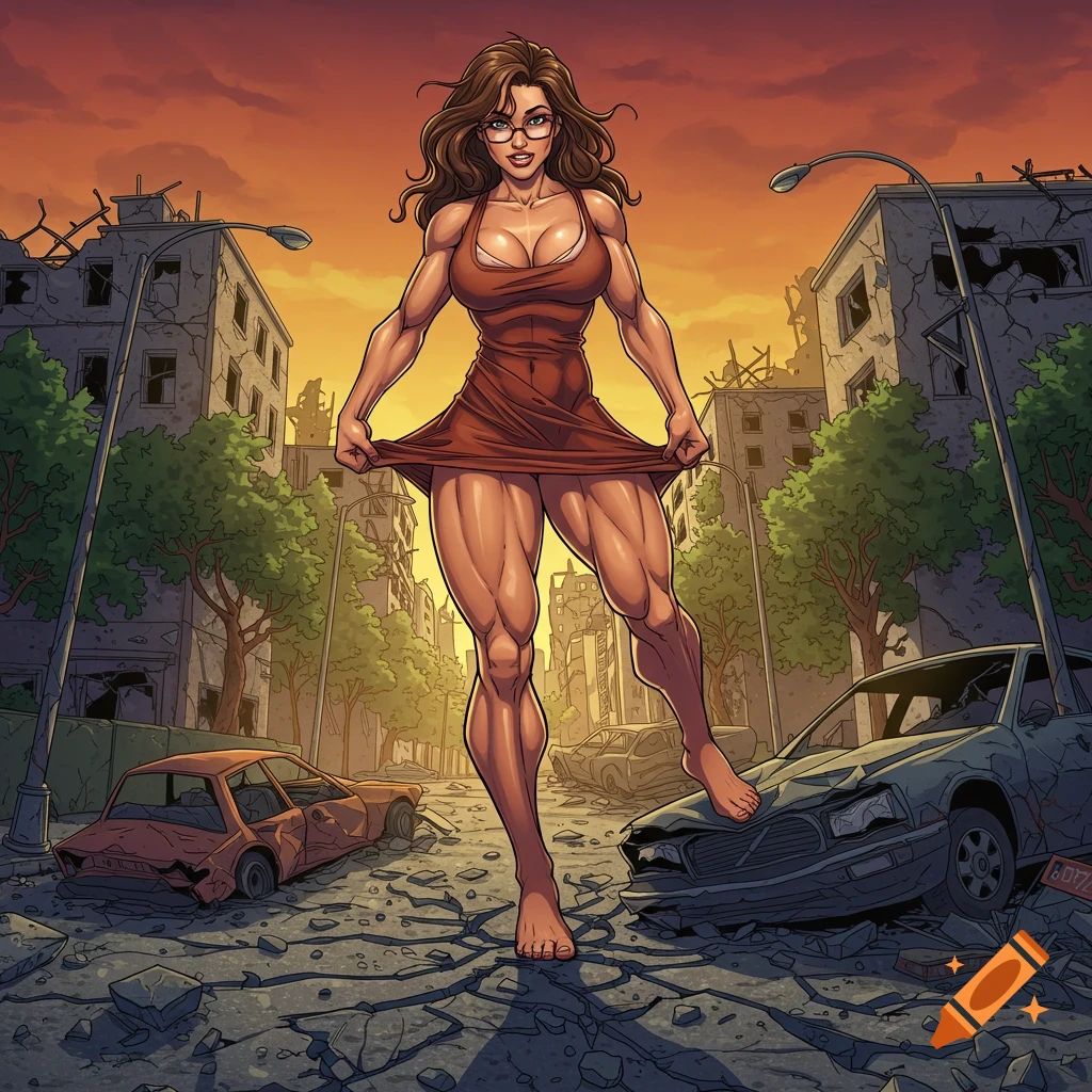 A muscular woman in a red dress and glasses stands barefoot in a destroyed city street with crushed cars and cracked ground, in a comic book style.