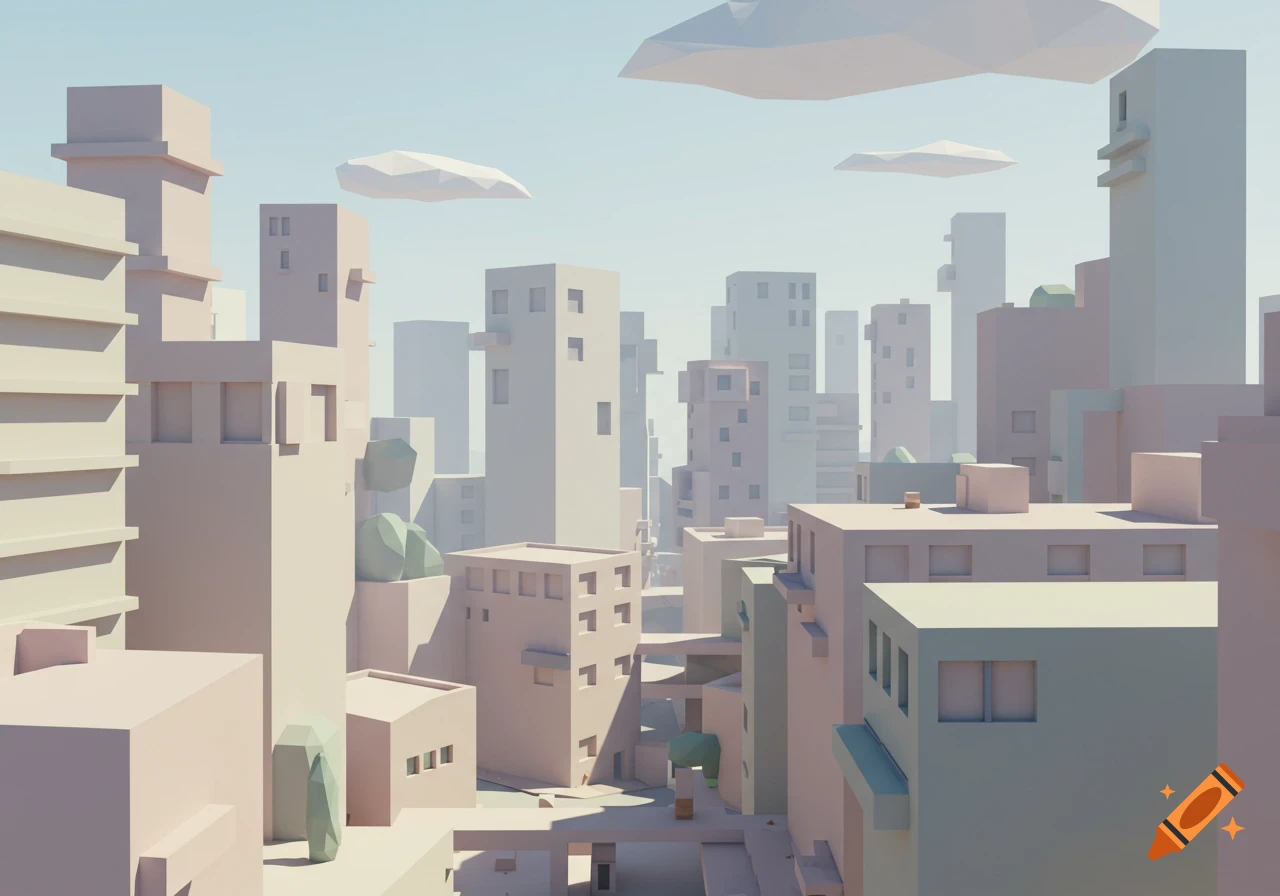 A low-poly 3D render of a city with tall, blocky buildings under a pale blue sky with polygonal clouds.