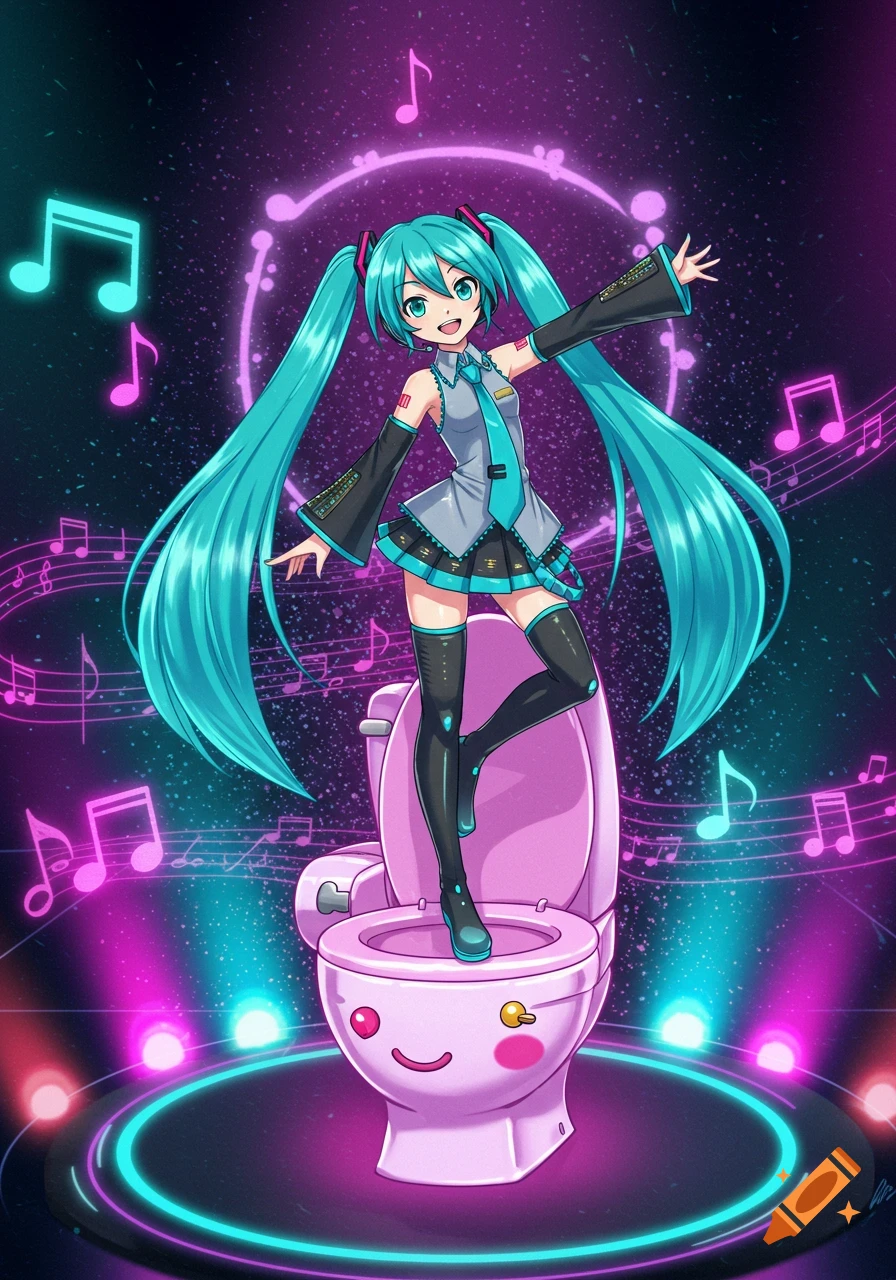 Hatsune Miku, with long turquoise pigtails, stands triumphantly on a smiling pink toilet, surrounded by glowing musical notes and neon lights.