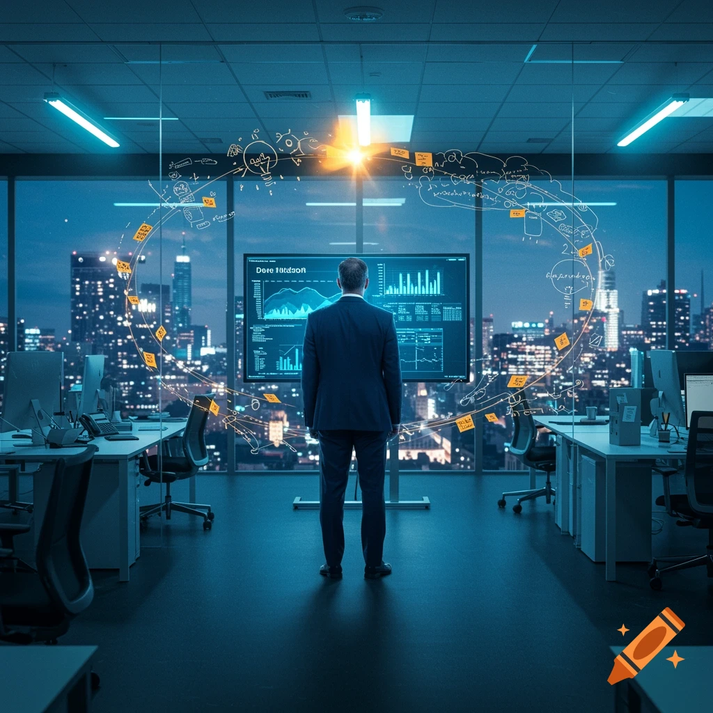 Two men, IT professionals, examine glowing holographic data screens in ...