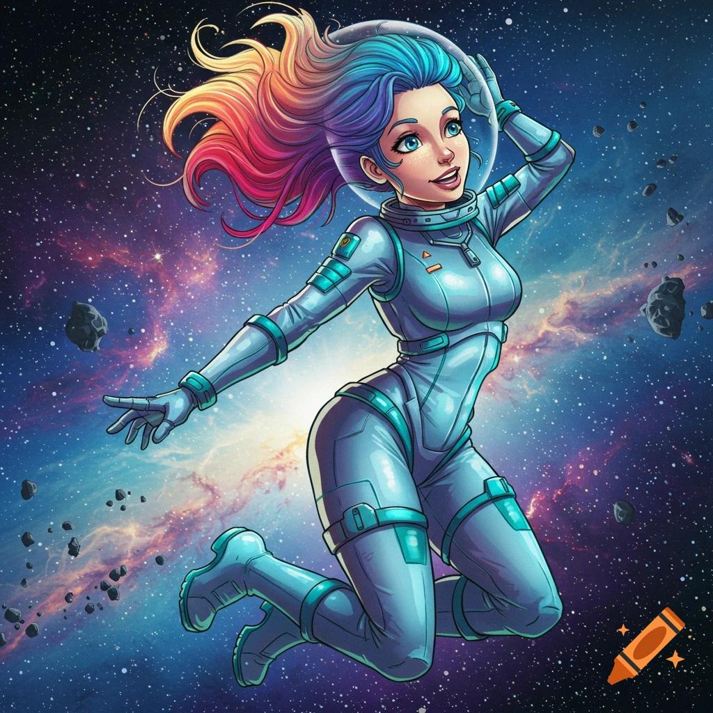 An anime-style astronaut with long, rainbow hair floats in space amidst stars and asteroids.