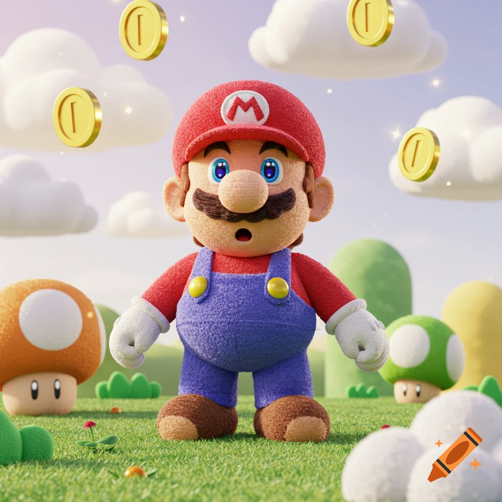 A plush-toy version of Mario stands in a grassy field with floating coins and mushroom characters under a bright sky.