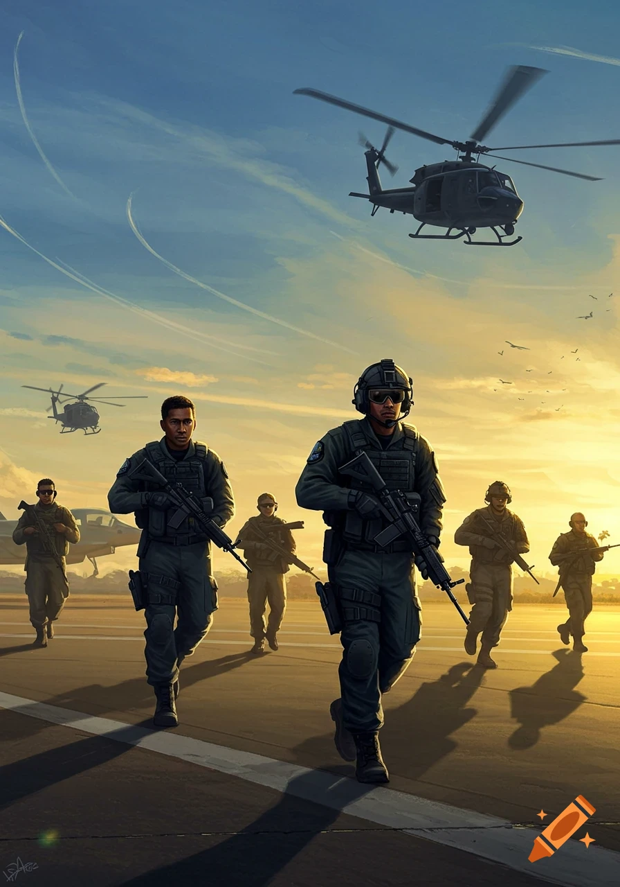 Soldiers in uniform with assault rifles walking on an airfield at sunset, with helicopters flying overhead.