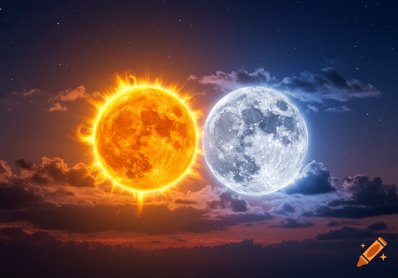 The bright orange sun and a detailed full moon side-by-side in a dark, starry sky with clouds.