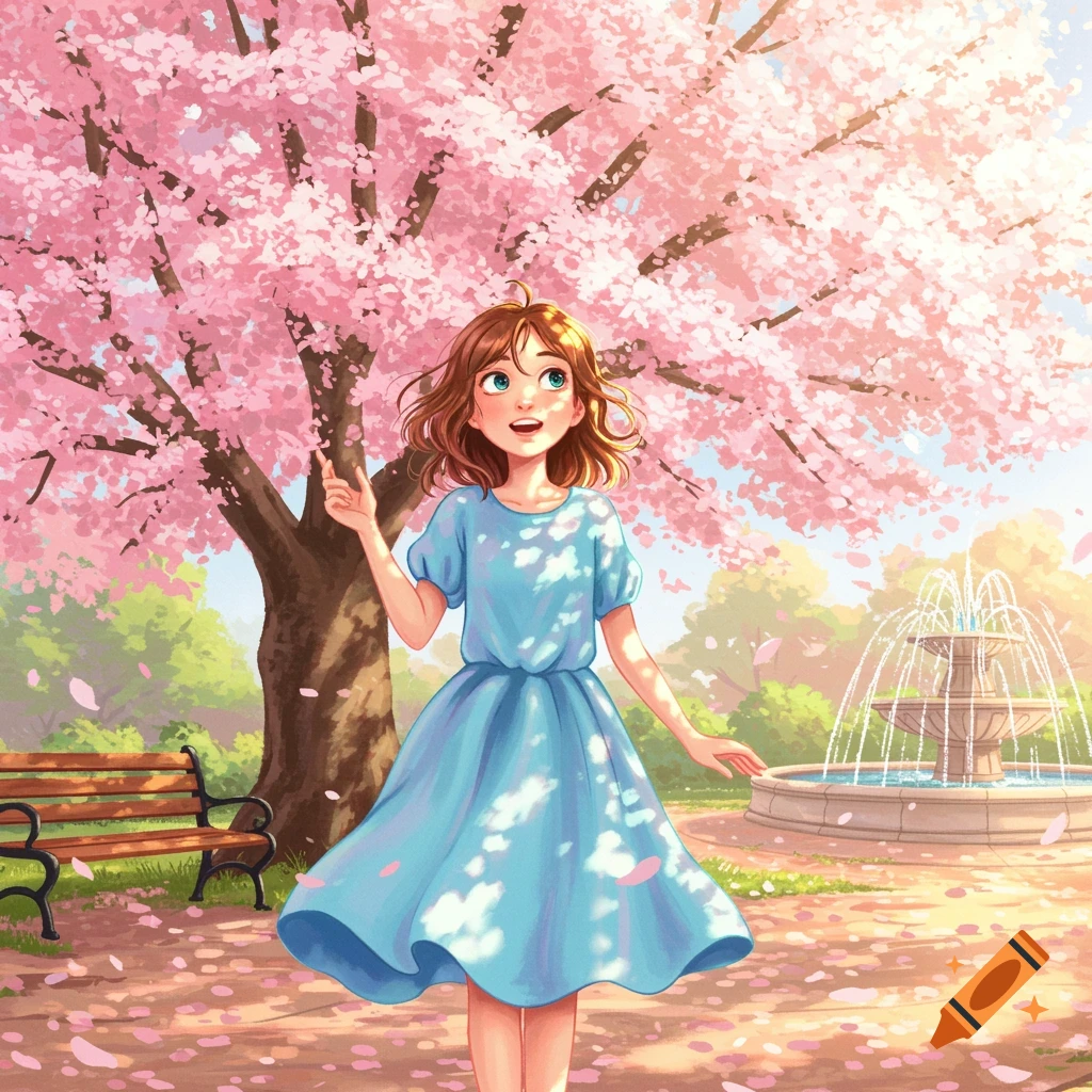 An illustrated girl in a blue dress stands under a pink cherry blossom tree in a sunlit park with a fountain.