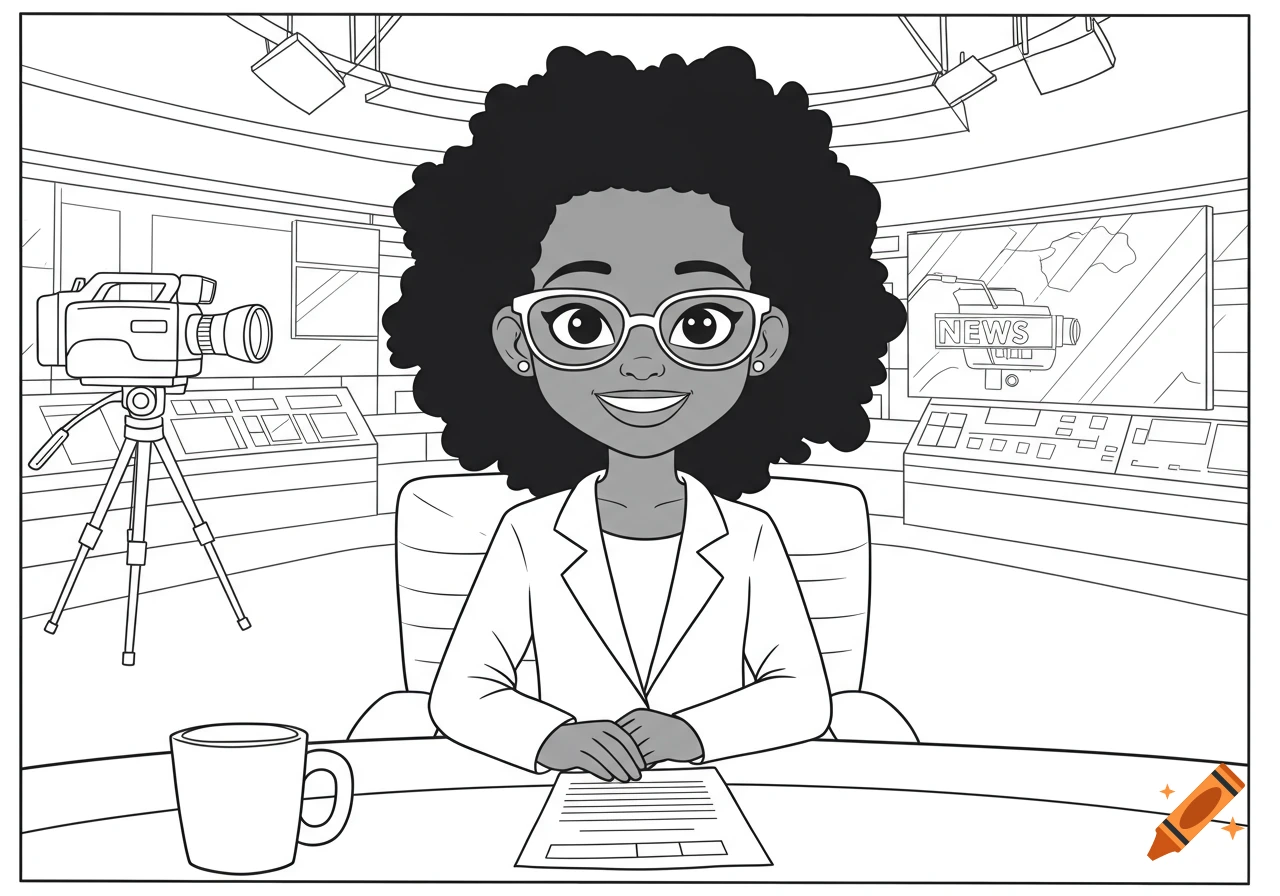 A black and white coloring book illustration of a young Black girl news anchor smiling at a news desk in a studio.