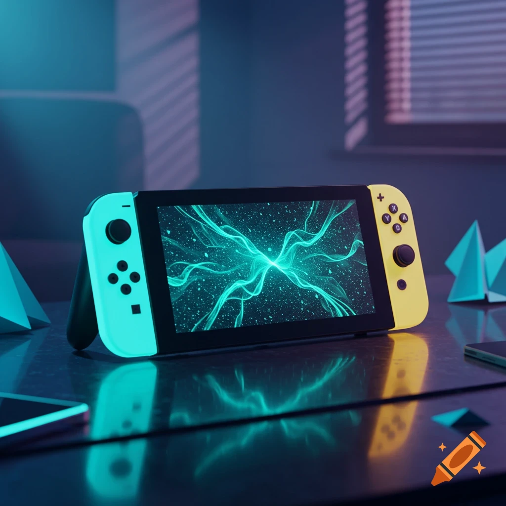 A Nintendo Switch with glowing teal and yellow joy-cons sits on a reflective surface in a neon-lit room, displaying an abstract teal pattern on its screen. Photorealistic style.