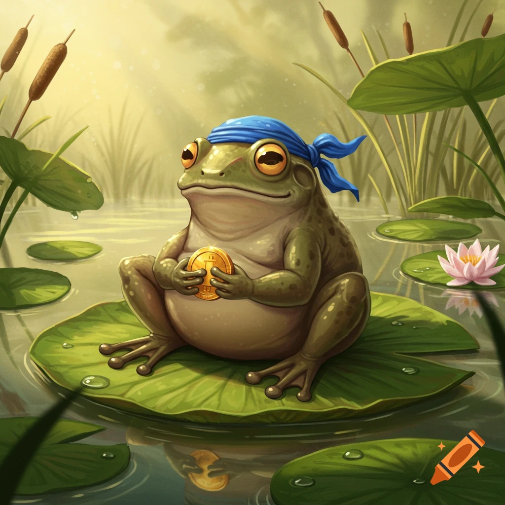 A fat frog wearing a blue durag sits on a lily pad, holding a golden coin in a pond setting.