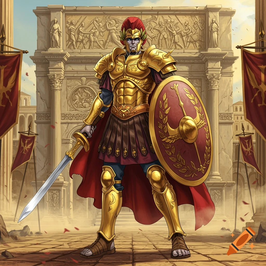 A stylized Roman warrior in ornate gold armor stands with a sword and shield in front of an ancient triumphal arch.