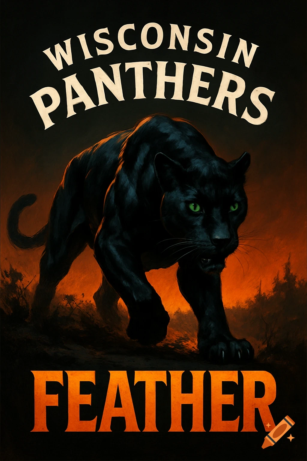 An aggressive black panther with glowing green eyes stalks forward against a fiery orange background, with 'WISCONSIN PANTHERS' above and 'FEATHER' below.