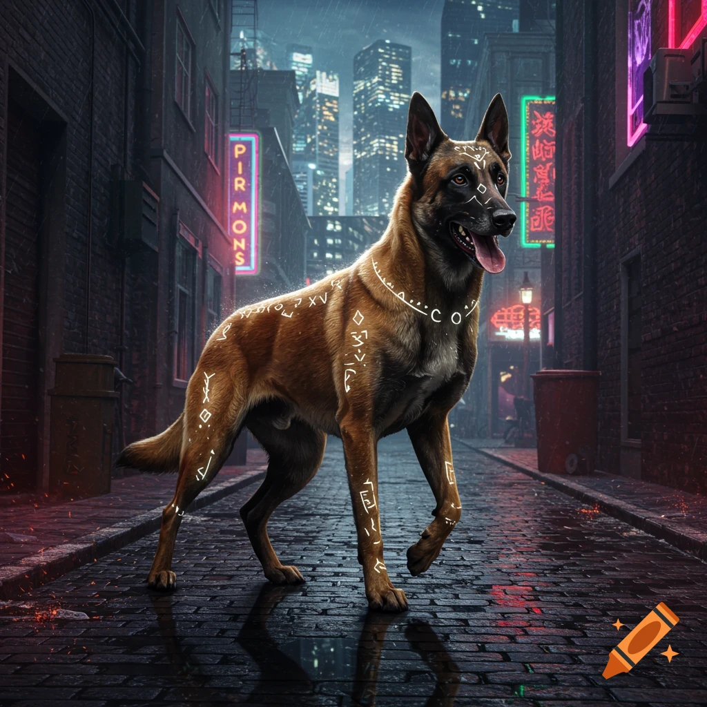 A Belgian Malinois with glowing mystical symbols walks in a wet, neon-lit cyberpunk city alley.