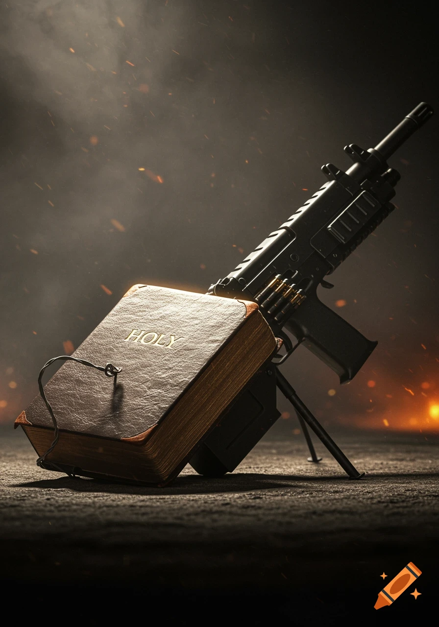 A brown leather-bound bible rests against a black machine gun, secured by a wire, with sparks in the dark background.
