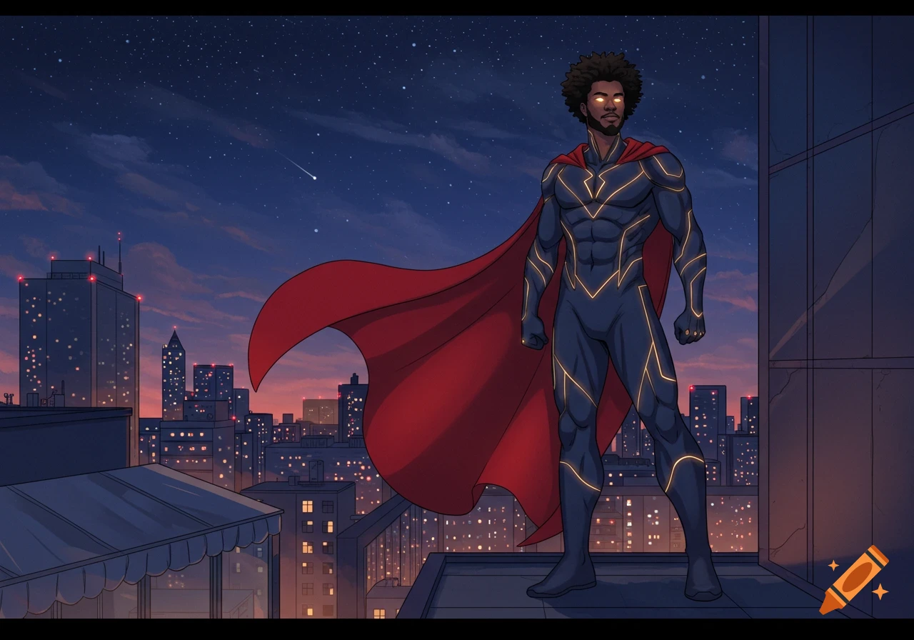 An Afro-American superhero in a dark suit with glowing gold lines and a red cape stands on a city rooftop at night, comic book style.