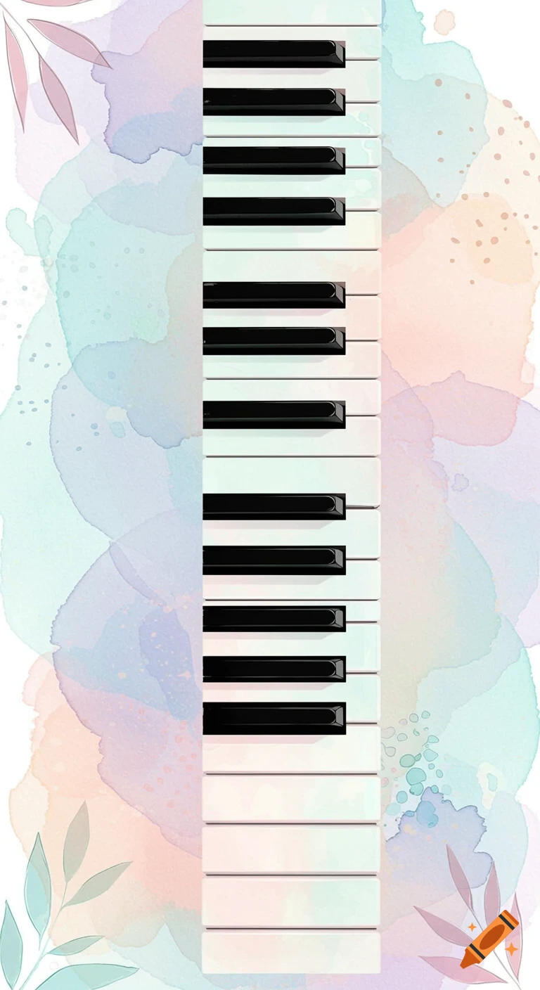 Vertical piano keys with a pastel watercolor background, featuring soft blues, lavenders, and peach hues.
