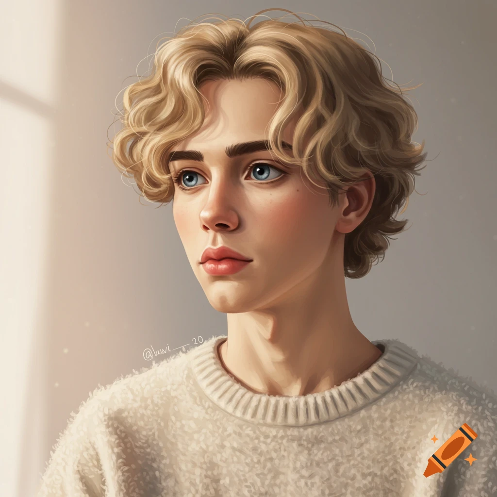 Digital painting of a young man with blonde wavy hair and blue eyes, wearing a fluffy white sweater, looking left with a soft expression.
