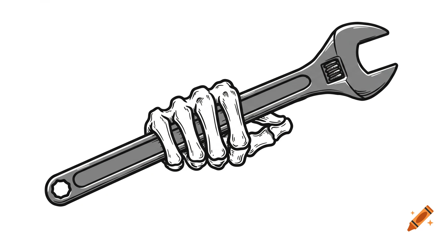 A black and white vector illustration of a skeletal hand holding a wrench, on a white background.