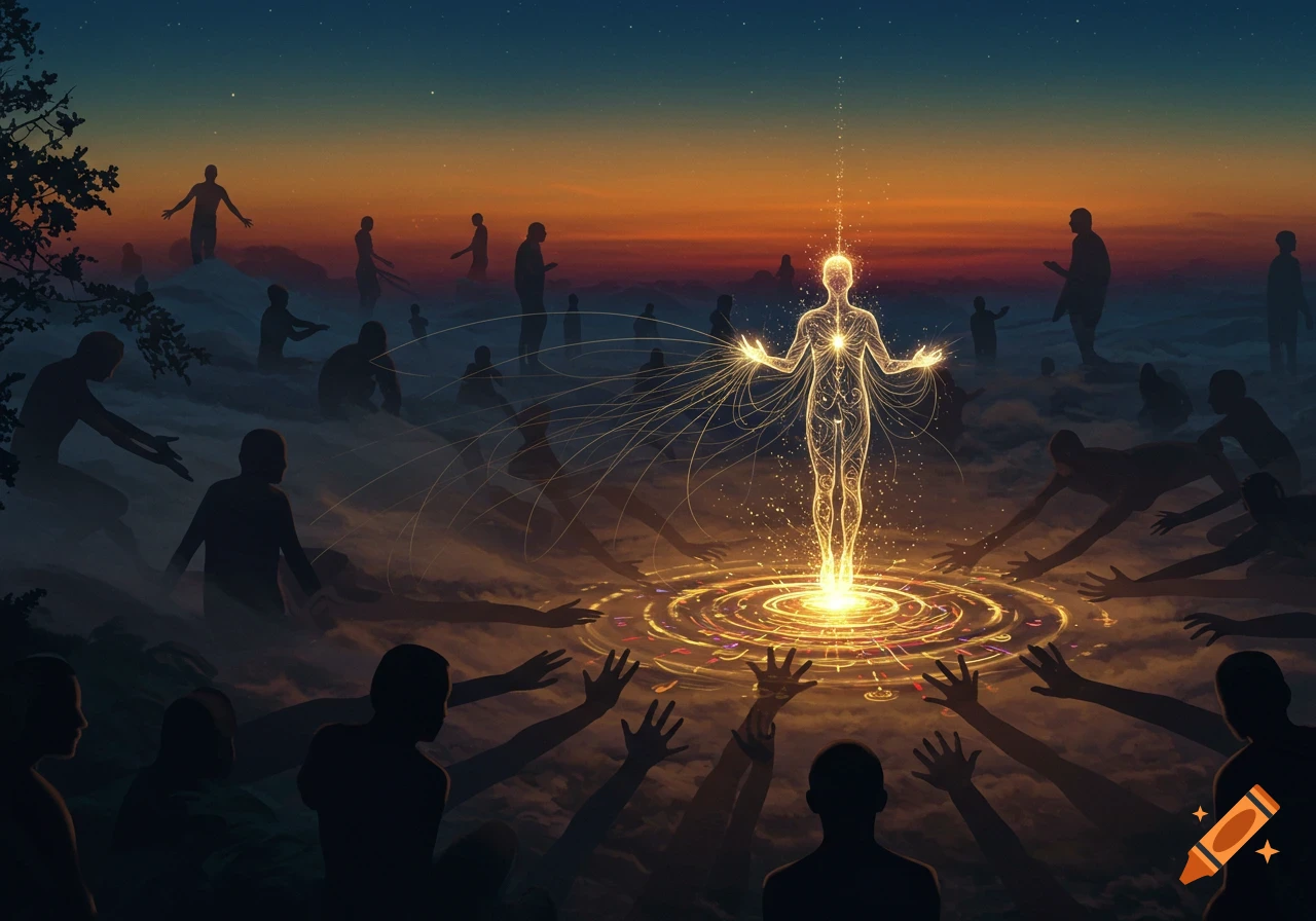 A glowing human figure rises from a light-filled circle, surrounded by silhouetted figures reaching out in a mystical, ethereal landscape at dusk.