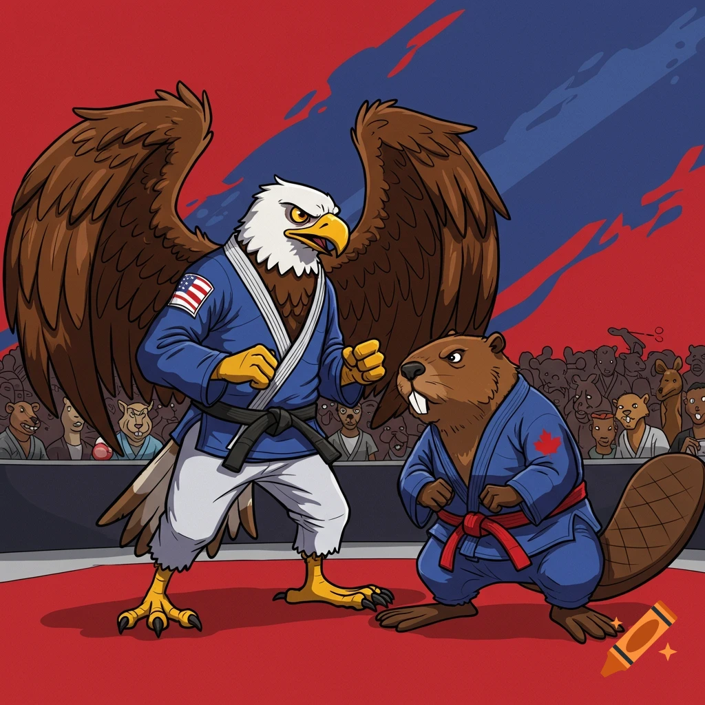 Cartoon American eagle and Canadian beaver in martial arts gis, facing each other on a mat with an audience.