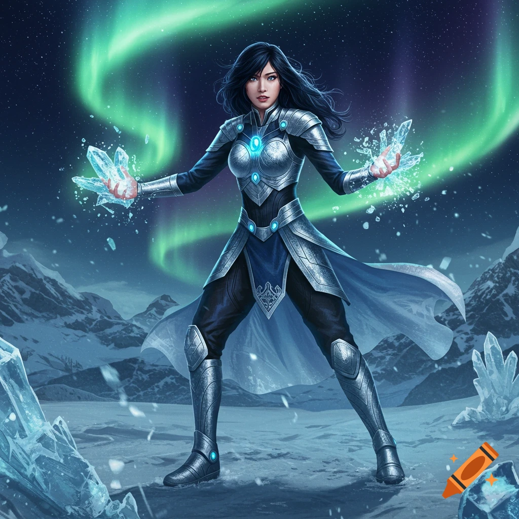 Female superhero in blue and silver armor wielding ice shards against a snowy mountain and aurora borealis background, digital art.