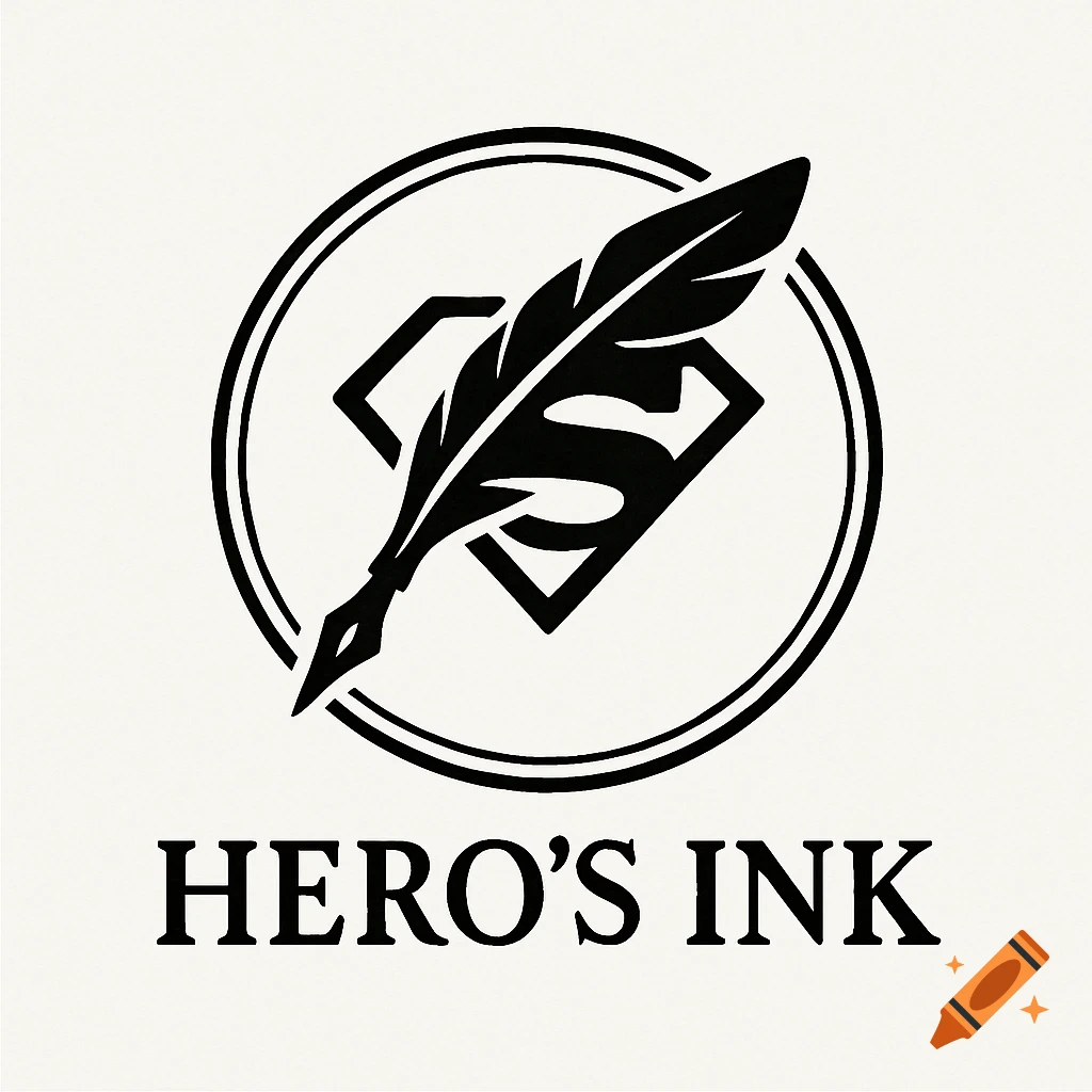 Black and white logo of a quill over a Superman-style S-shield in a circle, with 'HERO'S INK' below.