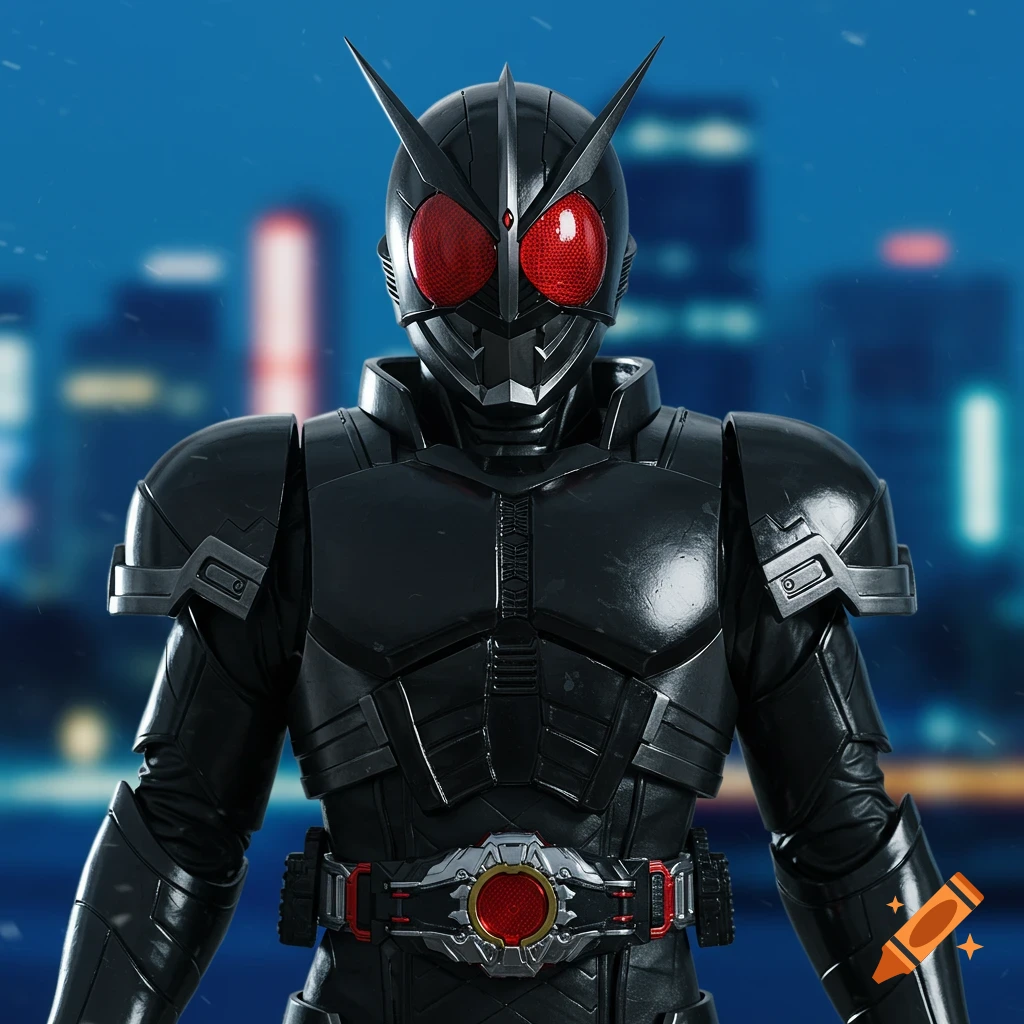 A detailed, dark armored Kamen Rider-like character with red eyes and a distinctive belt buckle against a blurred city background.