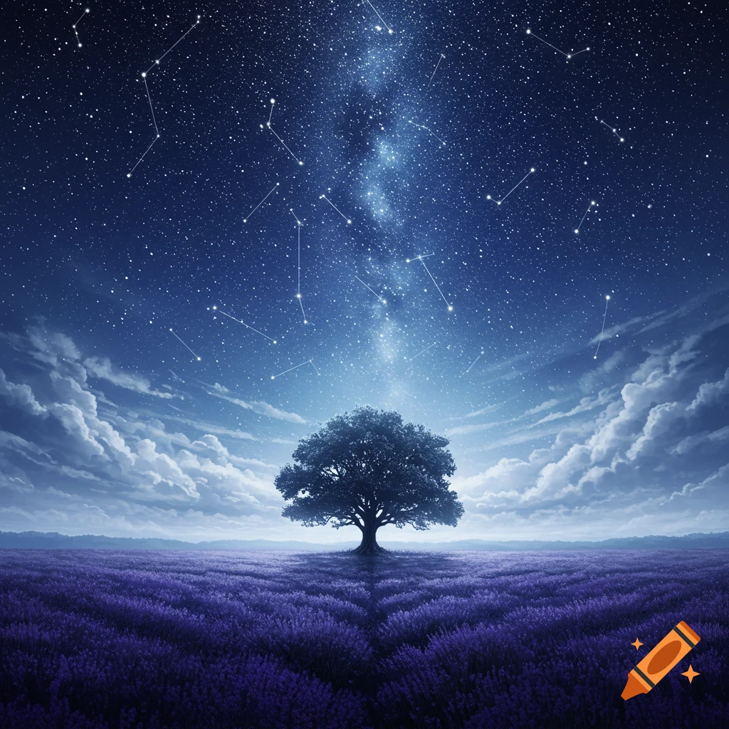 A solitary tree stands in a field of purple flowers under a vibrant night sky filled with stars, constellations, and the Milky Way.
